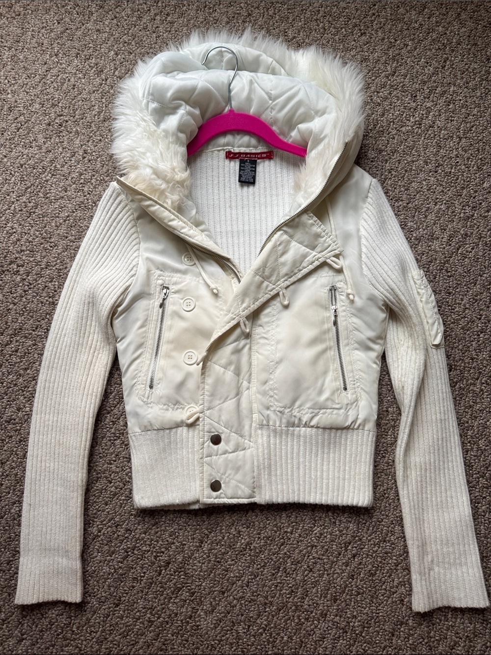 Off-White Quilted Hooded Jacket with Faux Fur Trim